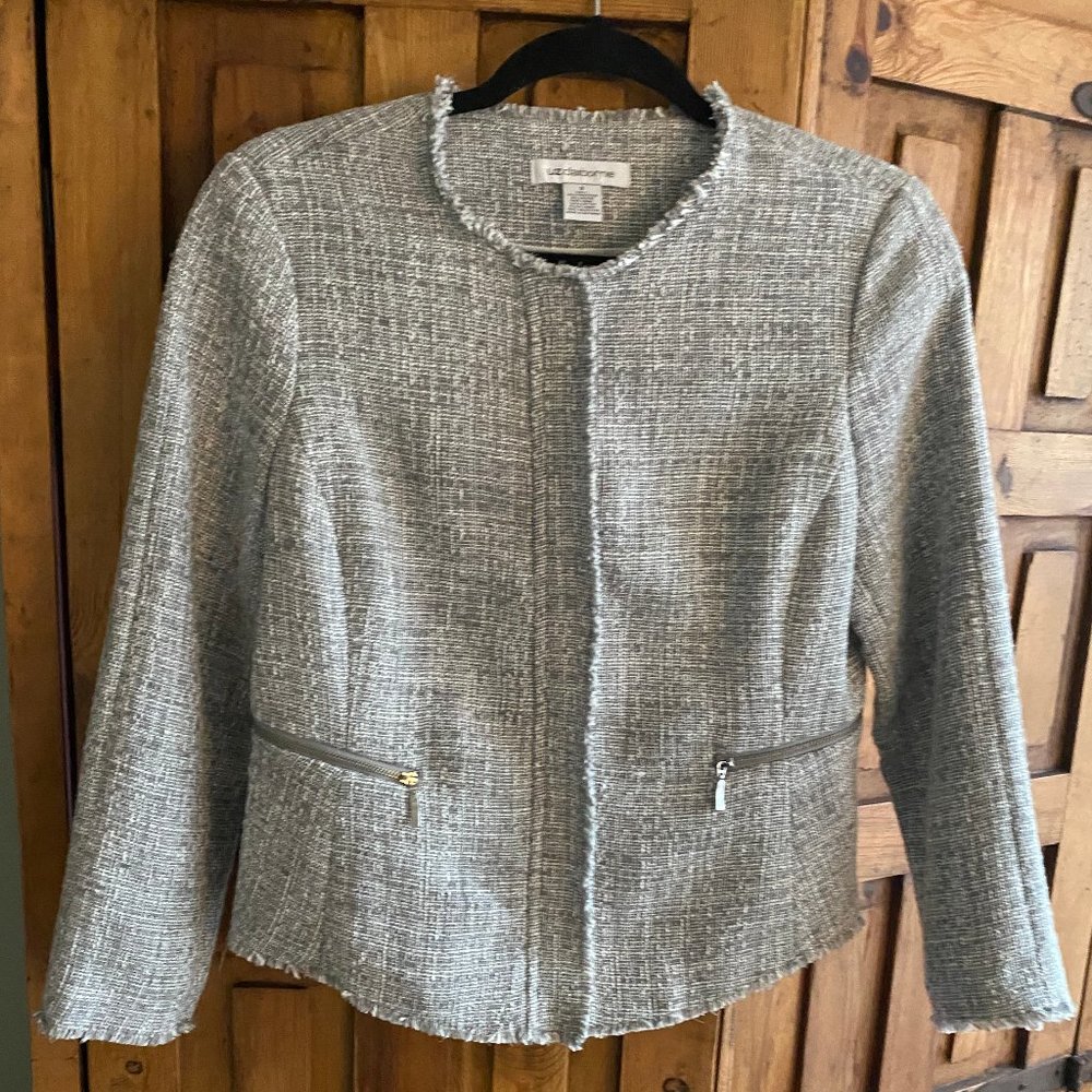 Liz Claiborne Women's Jacket Gray Pockets Fringe Pleats Size Small